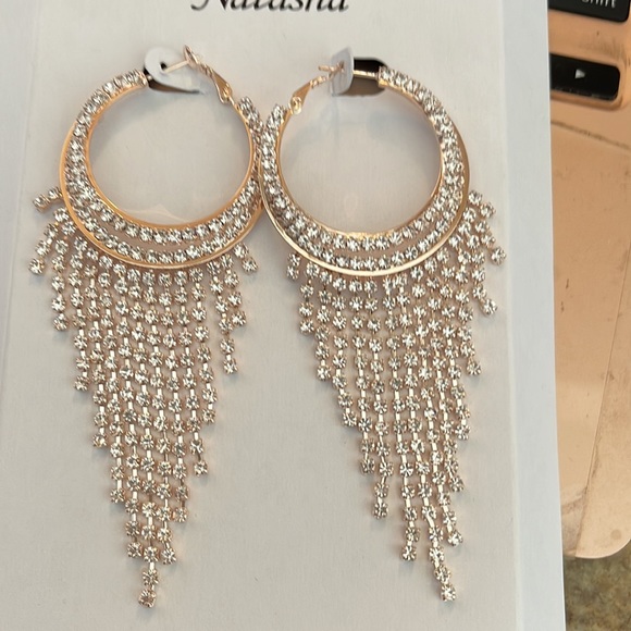 New Natasha Gold Double Hoops w Crystals and waterfalls - Picture 2 of 3